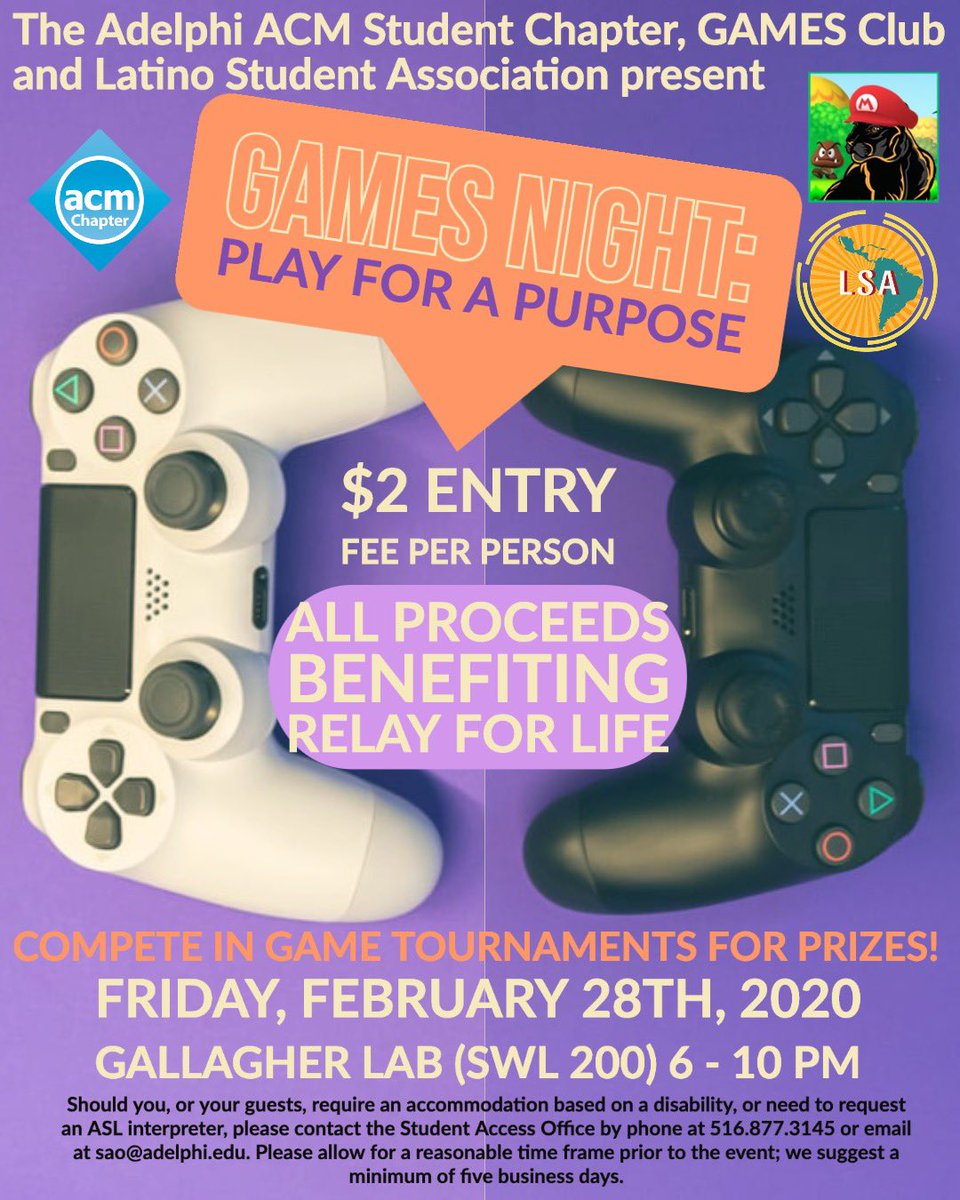 AdelphiACM's tweet image. Games Night: Play for a Purpose will be held tomorrow night from 6pm-10pm. Only a $2 entry fee that will be donated to relay for life. Enjoy food 🍕, games 🎮, and chill with awesome friends 😎 See you all there!