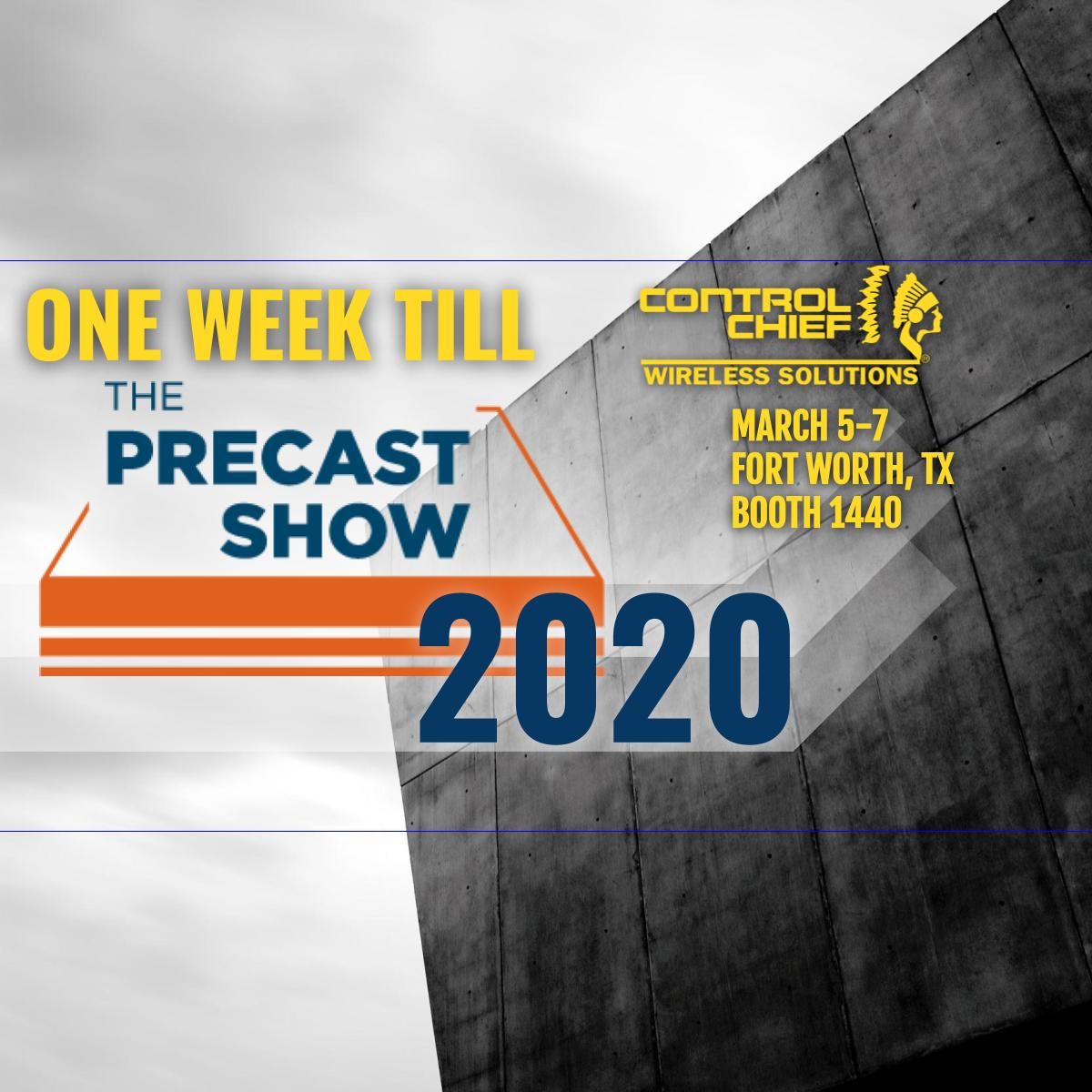 ControlChiefCo's tweet photo. One Week till the PRECAST SHOW! We're proud to serve the concrete industry with our industrial remote controls. Looking forward to seeing you in Ft. Worth, Texas! Come see us at Booth 1440! #precastshow #precastshow2020 #controlchief https://t.co/WAYzBx9AGq