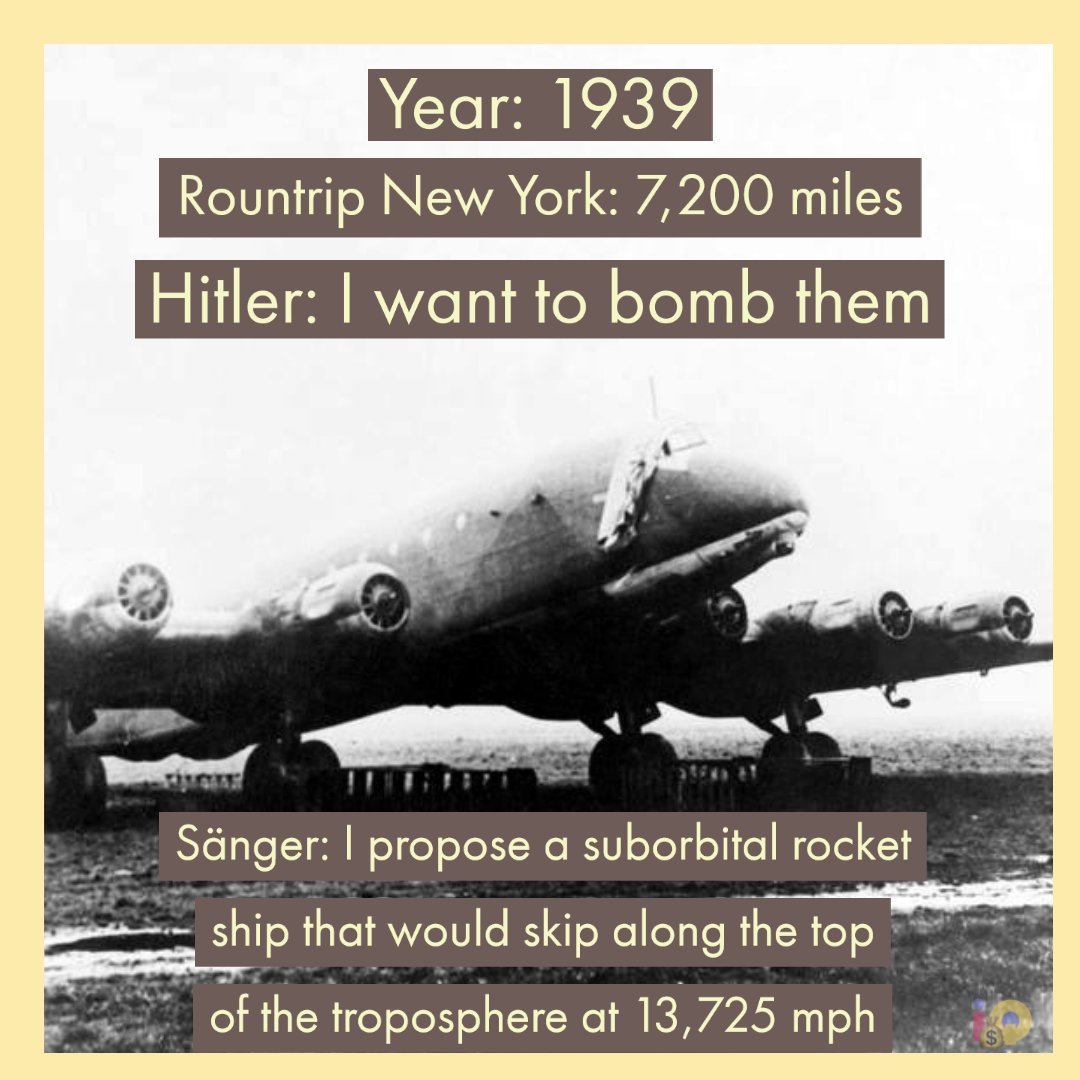 🧐 Did you know that? 
3rd Reich Aero Engineer Eugen SängerI proposed a suborbital quasi-liftingbody rocket ship that would skip along the top of the troposphere at 13,725 mph 😅 and drop a single 8,000-pound bomb on Manhattan. 
#ww2weapons #ww2history #ww2german