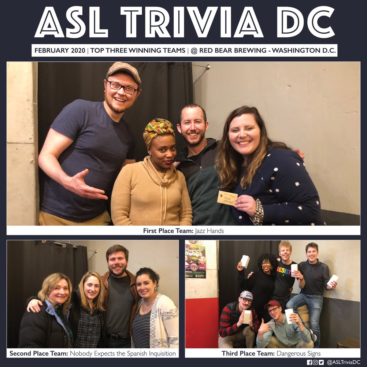 ASLTriviaDC's tweet image. Congrats to @ASLTriviaDC’s February 2020 top three winning teams!

1st Place: Jazz Hands
2nd Place: Nobody Expects the Spanish Inquisition
3rd Place: Dangerous Signs

Congrats to all!