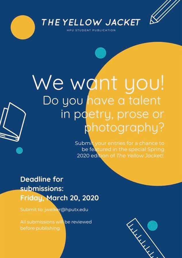 Are you creative? Do you have a hidden talent? Want your voice to be heard? Submit your entries for your chance to be featured by The Yellow Jacket! 💙💛🐝

#hpu #yellowjacket #news #theyellowjacket #howardpayne #studentpublication #studentsubmissions