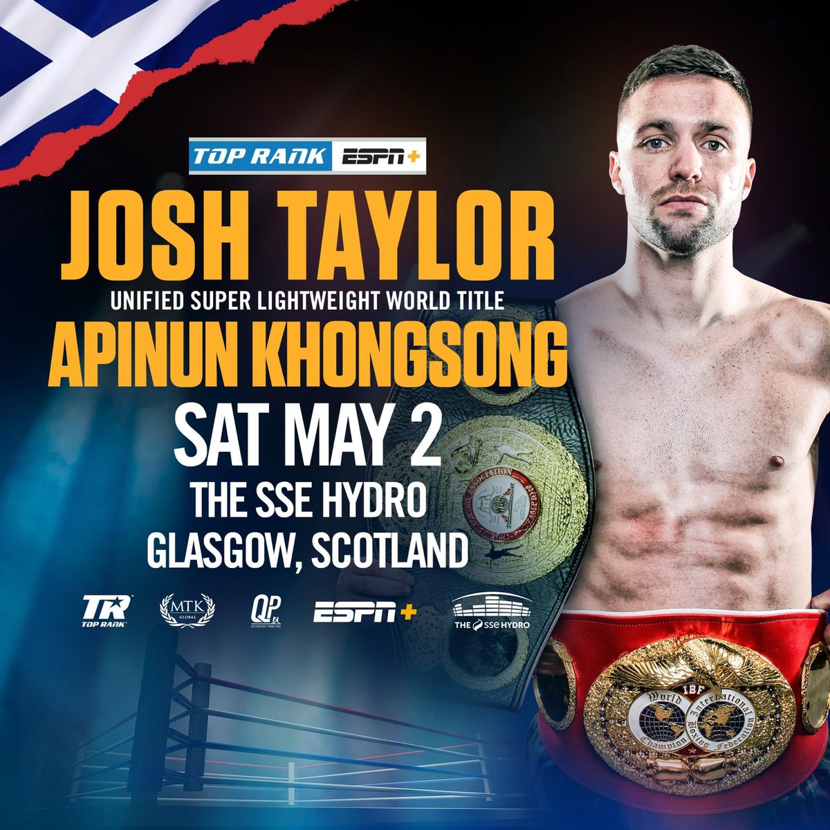 JoshTaylorBoxer's tweet image. Finally pleased to announce my next fight date. Home coming at my beloved @TheSSEHydro arena in Glasgow on May 2nd. Tickets will be released soon #TTT #AndStill 🏴󠁧󠁢󠁳󠁣󠁴󠁿🌪