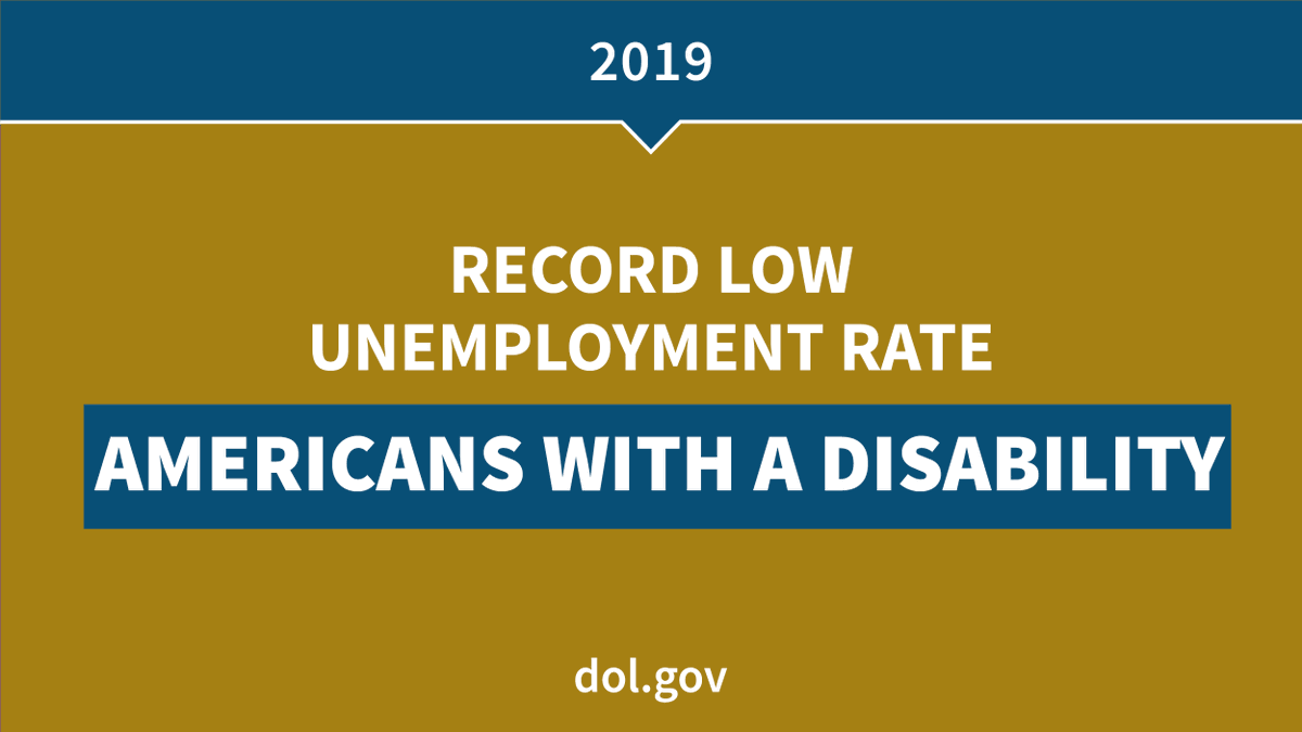 USDOL's tweet photo. ICYMI: The annual unemployment rate for Americans with disabilities fell to a record low of 7.3% in 2019. https://t.co/UDiScjbgxD https://t.co/WiRu9etqig