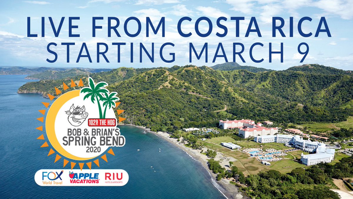1029TheHOG's tweet photo. Slather on some baby oil... #SpringBend2020 is coming! Tune in as Bob, Brian, Carrie, Eric, @1TimMurray, @Steph__Sutton (and #PapaSmurf) broadcast LIVE March 9-13 from the all-inclusive #Riu Palace Costa Rica with @foxworldtravel and @AppleVacations! #bobandbrian #mke https://t.co/JkD2x0HjxO