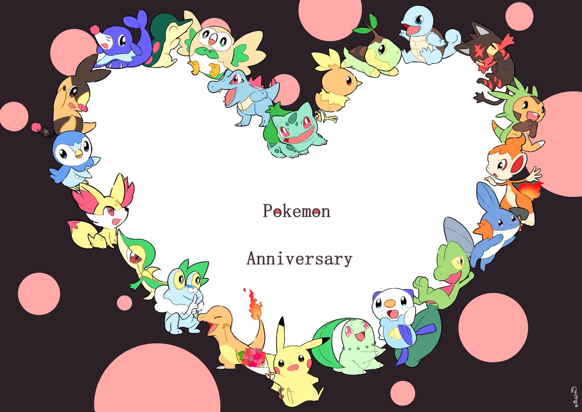 charmander ,chikorita ,cyndaquil ,grookey ,litten ,mudkip ,oshawott ,pikachu ,piplup ,scorbunny ,snivy ,sobble ,squirtle ,tepig ,torchic starter pokemon trio pokemon (creature) no humans open mouth flame-tipped tail smile confetti  illustration images