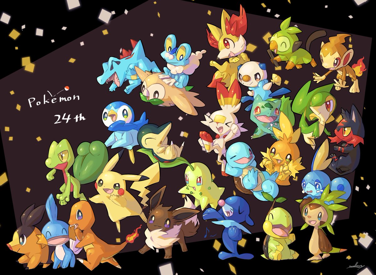 charmander ,chikorita ,cyndaquil ,grookey ,litten ,mudkip ,oshawott ,pikachu ,piplup ,scorbunny ,snivy ,sobble ,squirtle ,tepig ,torchic starter pokemon trio pokemon (creature) no humans open mouth flame-tipped tail smile confetti  illustration images