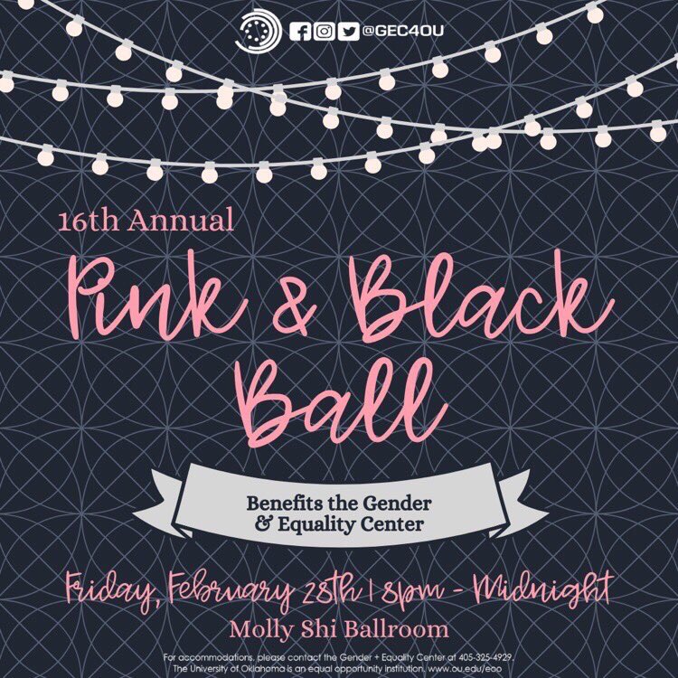OU2021's tweet photo. Join the GEC Friday at 8 pm for a night of dancing, food and fun at the Pink and Black Ball! This semi-formal event is open to students, faculty, staff, and the greater Norman community. Everyone is encouraged to wear pink or black, or a combination of both colors! 💗🖤 https://t.co/sWlmYK62r0