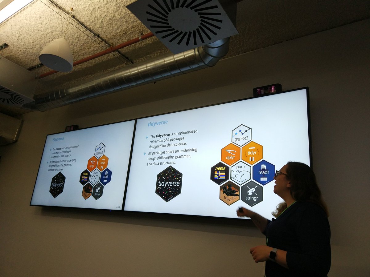 salankia's tweet photo. @minebocek talks about #tidyverse to a full room of #rladies @FacebookLondon @RLadiesLondon https://t.co/Hk1CmhgZKK