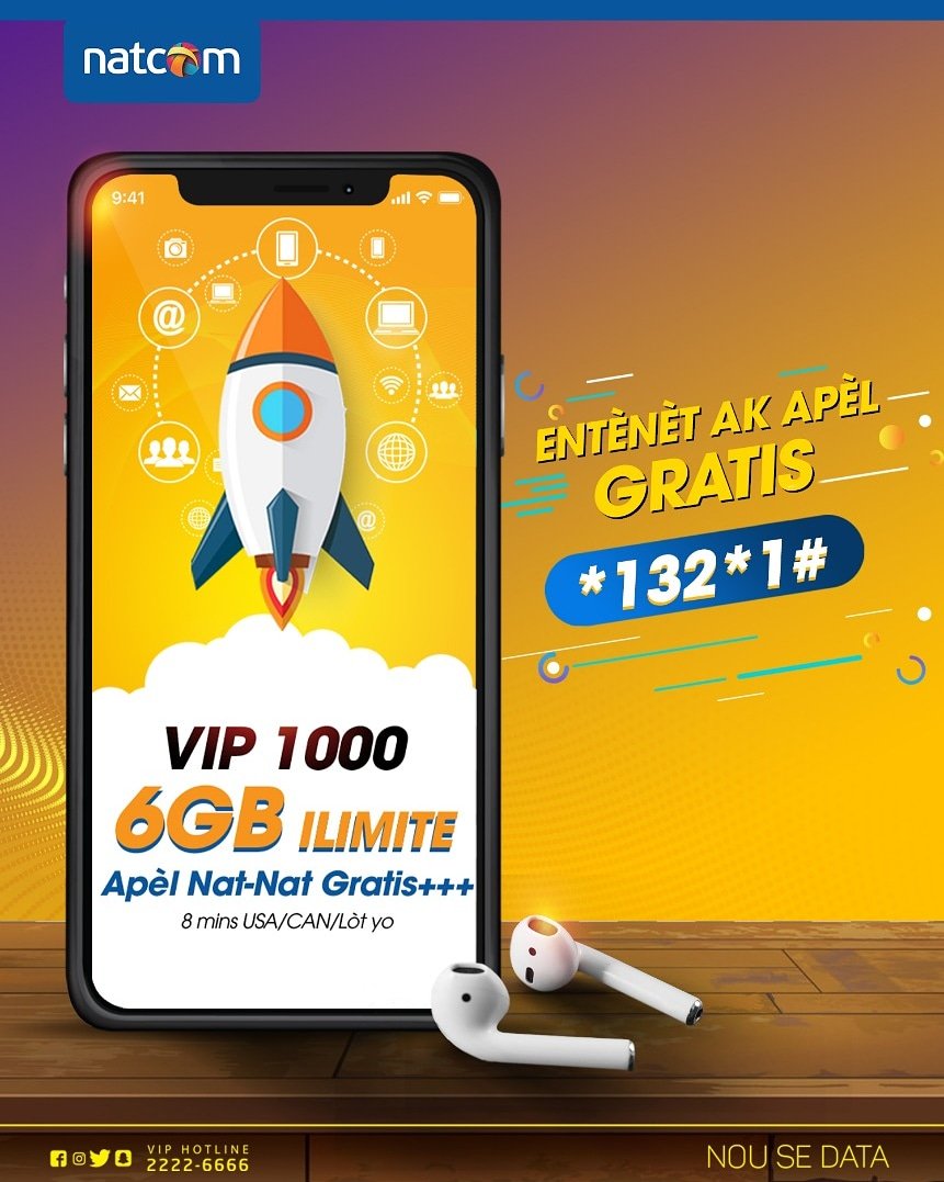 natcomht's tweet photo. PLAN VIP 1000
Natcom gen gwo bonis pou ou ak Plan VIP yo!
Jwenn entènèt rapid ak apèl gratis pou 30 jou.
Fè *132*1# epi chwazi plan VIP paw la pou jwenn plis avantaj.
#Natcom #NouSeData #VIPPLAN https://t.co/Ak8XBiStLe