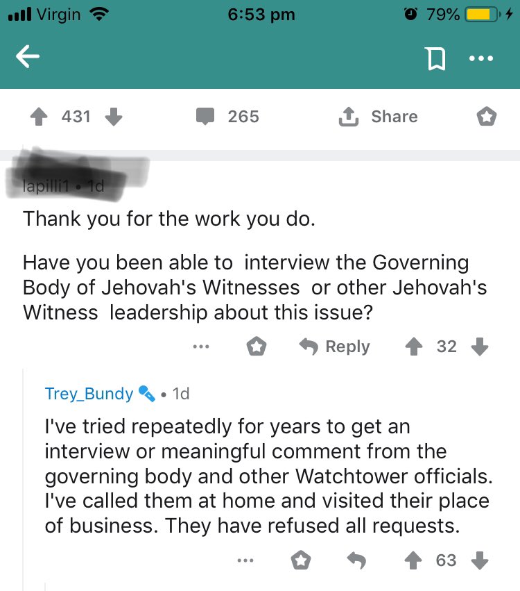 ShaltNotRepent's tweet photo. It’s been mentioned by certain people that Oxygens documentary #TheWitnesses about #jworg was one sided.
Well here’s what @TreyBundy said on Reddit.
#Watchtower #TwoWitness #ChildSexAbuse https://t.co/SnQDWo7SuU
