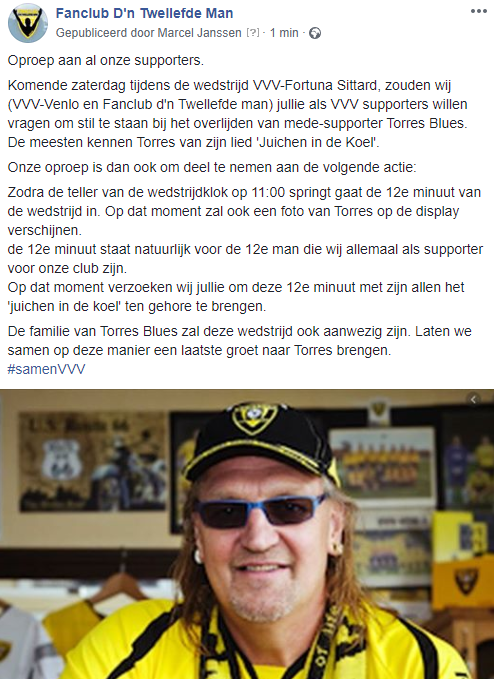 Oproep aan onze supporters:   Komende zaterdag een laatste eerbetoon aan de vorig weekend overleden VVV-supporter Torres Blues.   voor meer info, zie bijgevoegde foto.