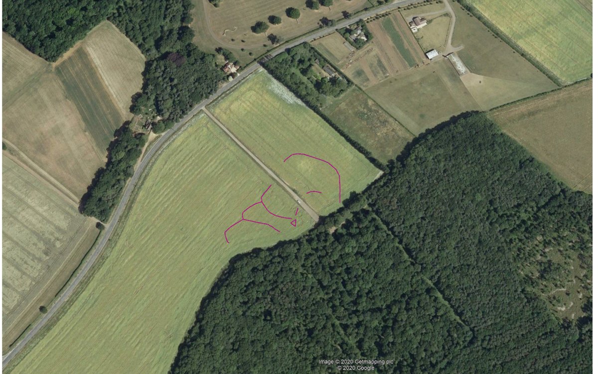 It's a Google Earth pic but we were pleased to find these cropmarks on getmapping imagery. Woodbank is pre-1066 according to Rackham &amp; it'd be good to fathom out if these ditches(?) run under the banks or abut them, what their full extent is, fieldwalk the land there etc.