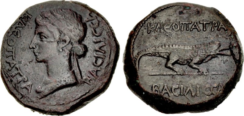 DrJEBall's tweet image. A coin of Cleopatra Selene, the only daughter of Mark Antony &amp;amp; Cleopatra, &amp;amp; wife to King Juba II of Mauretania. The reverse shows a crocodile - her coins always used typically Egyptian symbols - alongside "Basilissa [queen] Cleopatra" in Greek (BACIΛICCA KΛEOΠATRA) #numismatics