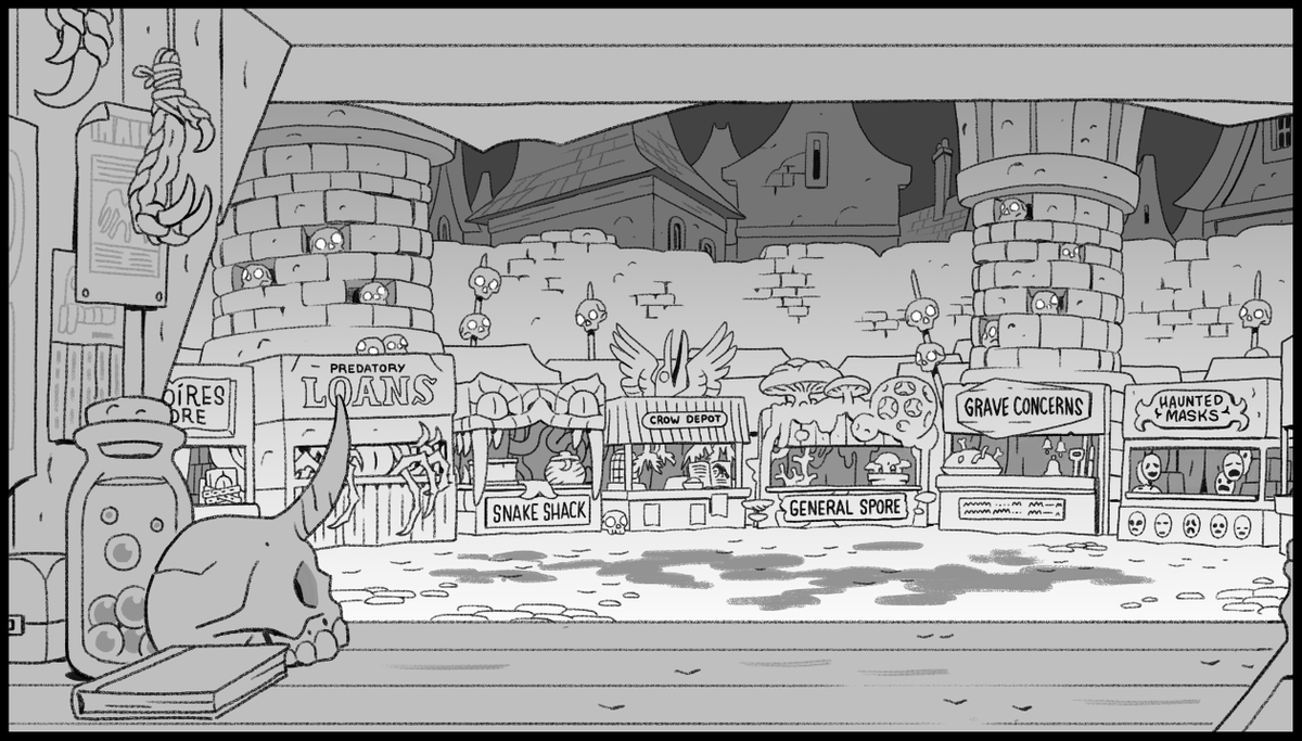 Episode 6 has one of my favorite locations -- The Night Market! So glad they let me figure out the shop names and designs by myself -- it means I have opportunities to put in background jokes that otherwise I wouldn't have! 