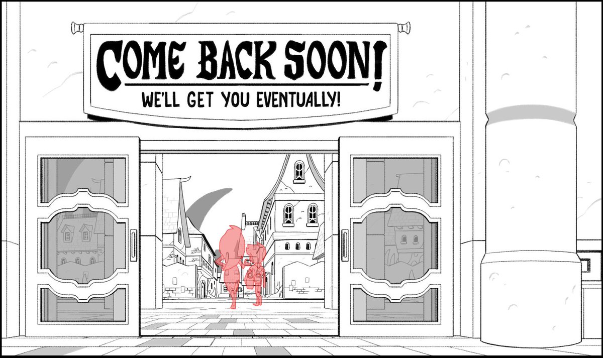 Episode 5! Kind of a tough one since the Covention Hall is much more of a real world location and we had to figure out how to combine that with our existing Bonesborough architectural style. I really love figuring out the type for signs. Plus -- I got to draw this cool book!