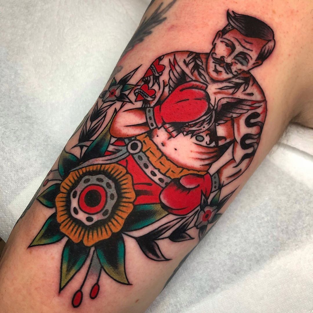 Realistic color vintage boxing gloves tattoo memorial by Sorin Gabor:  TattooNOW