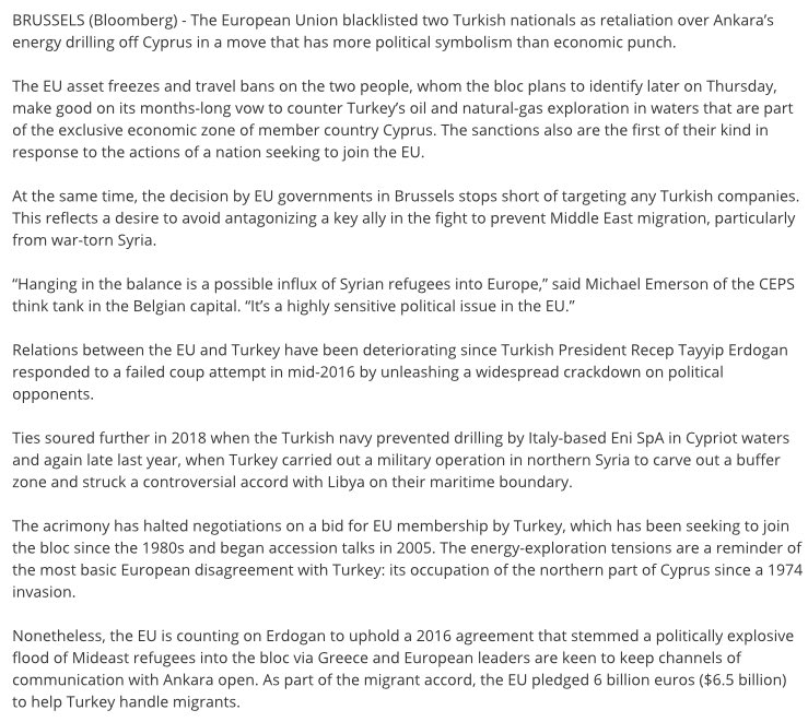 EU sanctions Turkey over drilling in Cyprus’ economic zone  https://www.worldoil.com/news/2020/2/27/eu-sanctions-turkey-over-drilling-in-cyprus-economic-zone