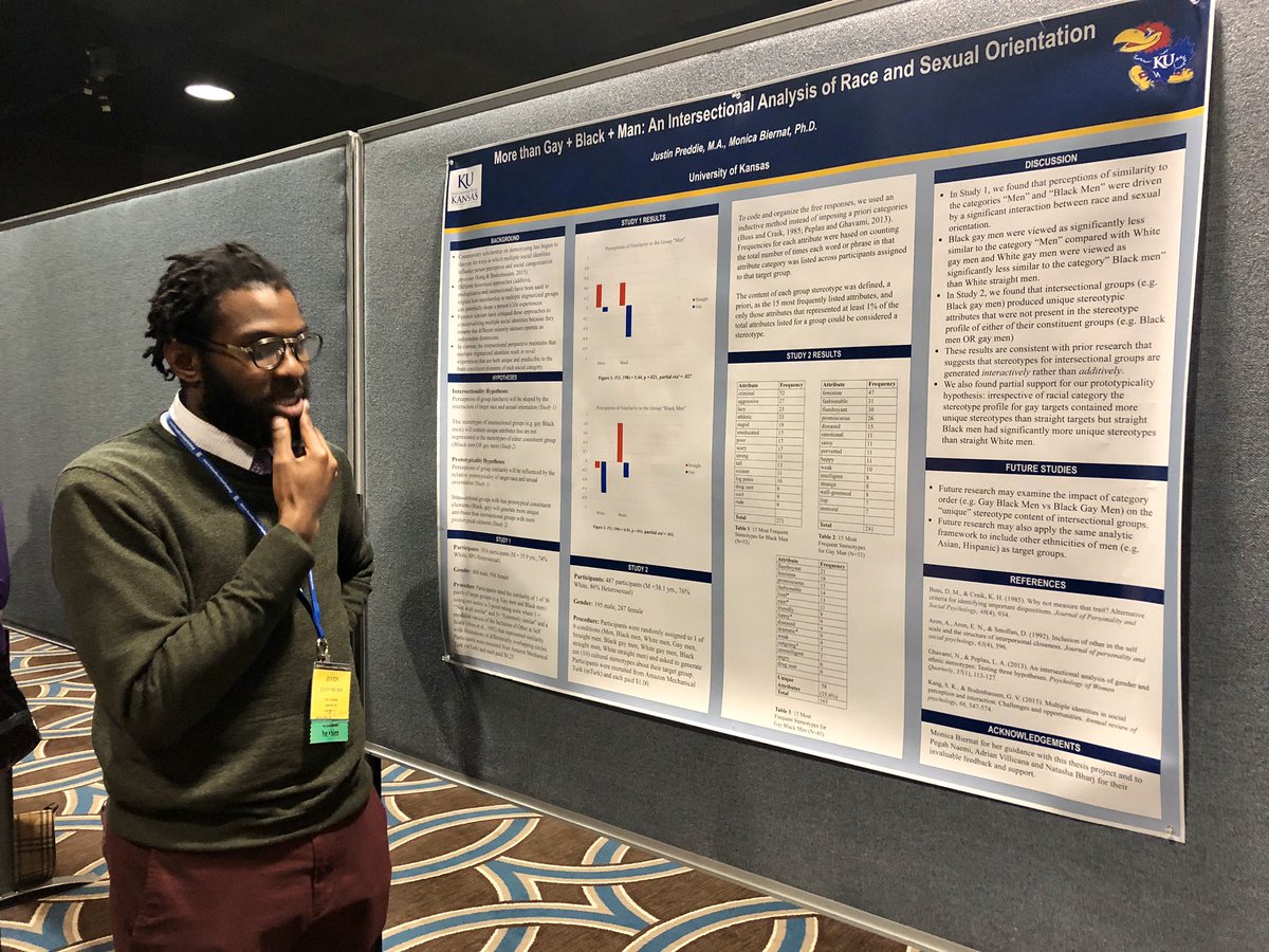 SaraBChadwick's tweet image. Fascinating research by Justin Preddie! Black gay men (BGM) are seen as less similar to “Men” than white gay men and are uniquely stereotyped as loud, nice, dramatic, &amp;amp; outgoing. Justin’s future work will consider what this means for BGM’s code-switching. 💯 #SPSP2020 #sexatSPSP