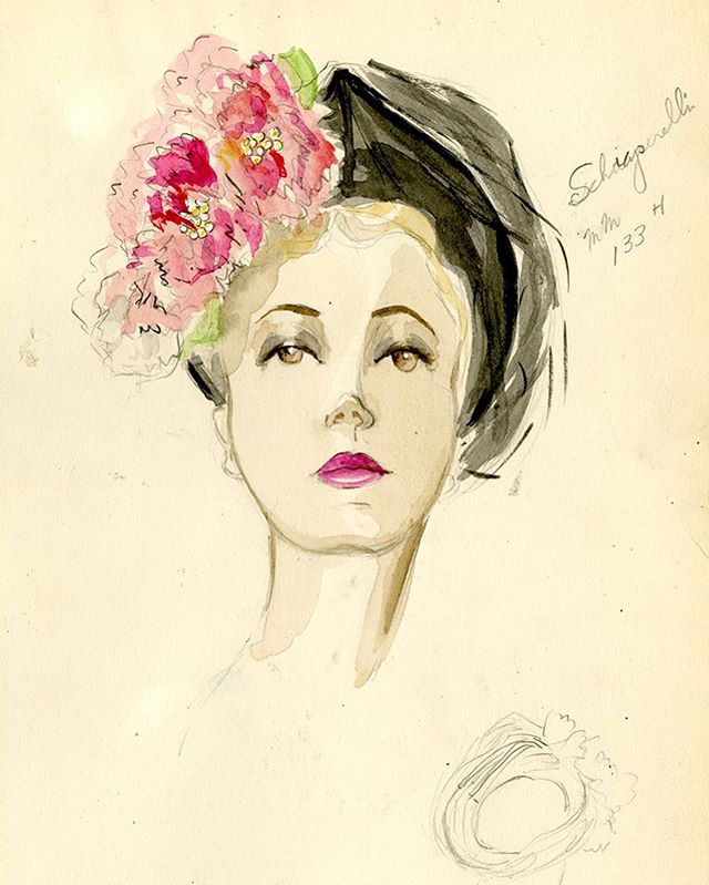 A Schiaparelli hat offered by Bergdorf Goodman, Spring 1948. #fashion #fashionhistory #fashionsketch #1948 #40sfashion #millinery #schiaparelli #elsaschiaparelli #fitspecialcollections #fitnyc #fashioninstituteoftechnology #designarchives