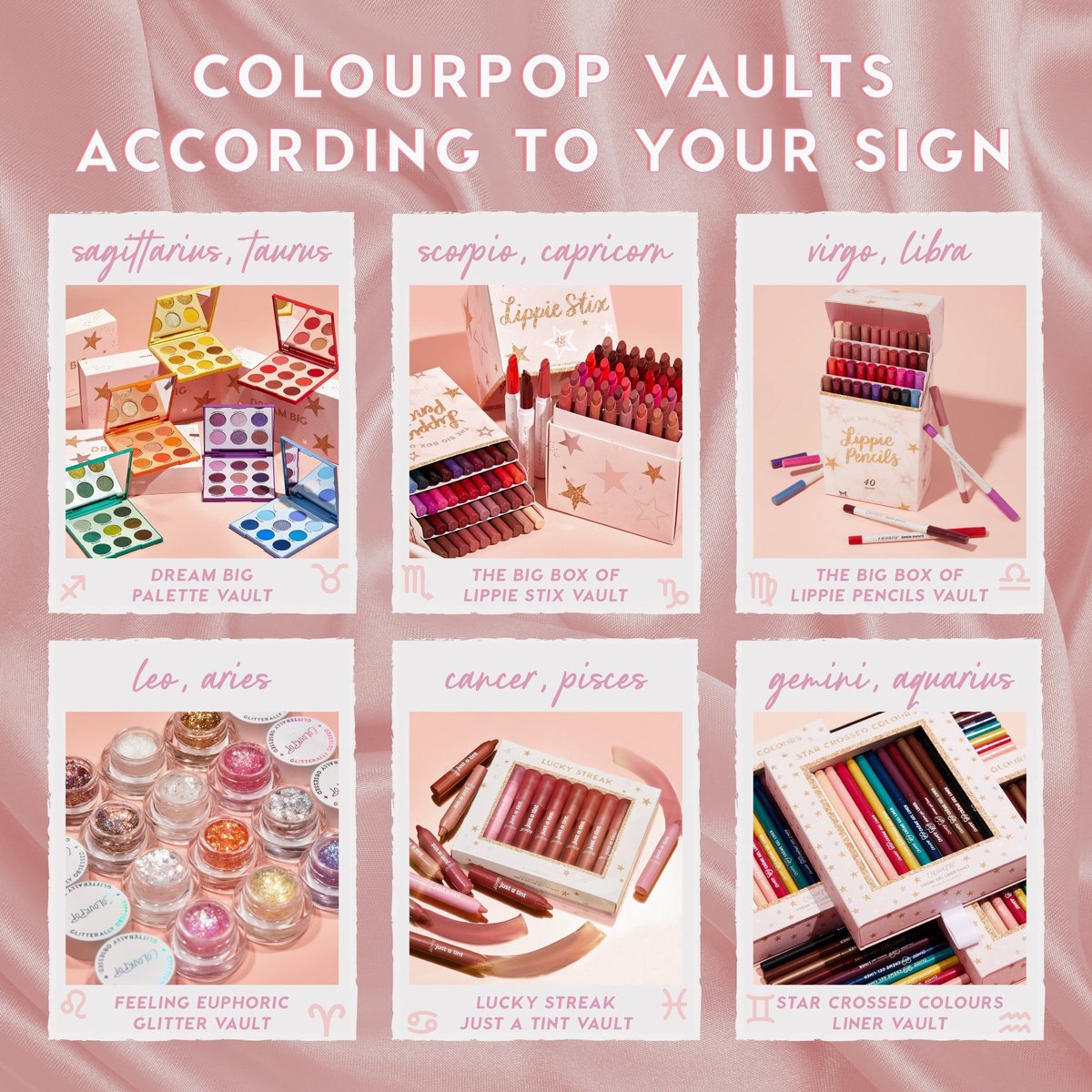 #GIVEAWAY

All of our VAULTS are BACK! & we're giving away ALL SIX VAULTS to one lucky winner! To enter, all you have to do is:

✨Like & RT
✨Follow @ColourPopCo 
✨reply w/your zodiac sign