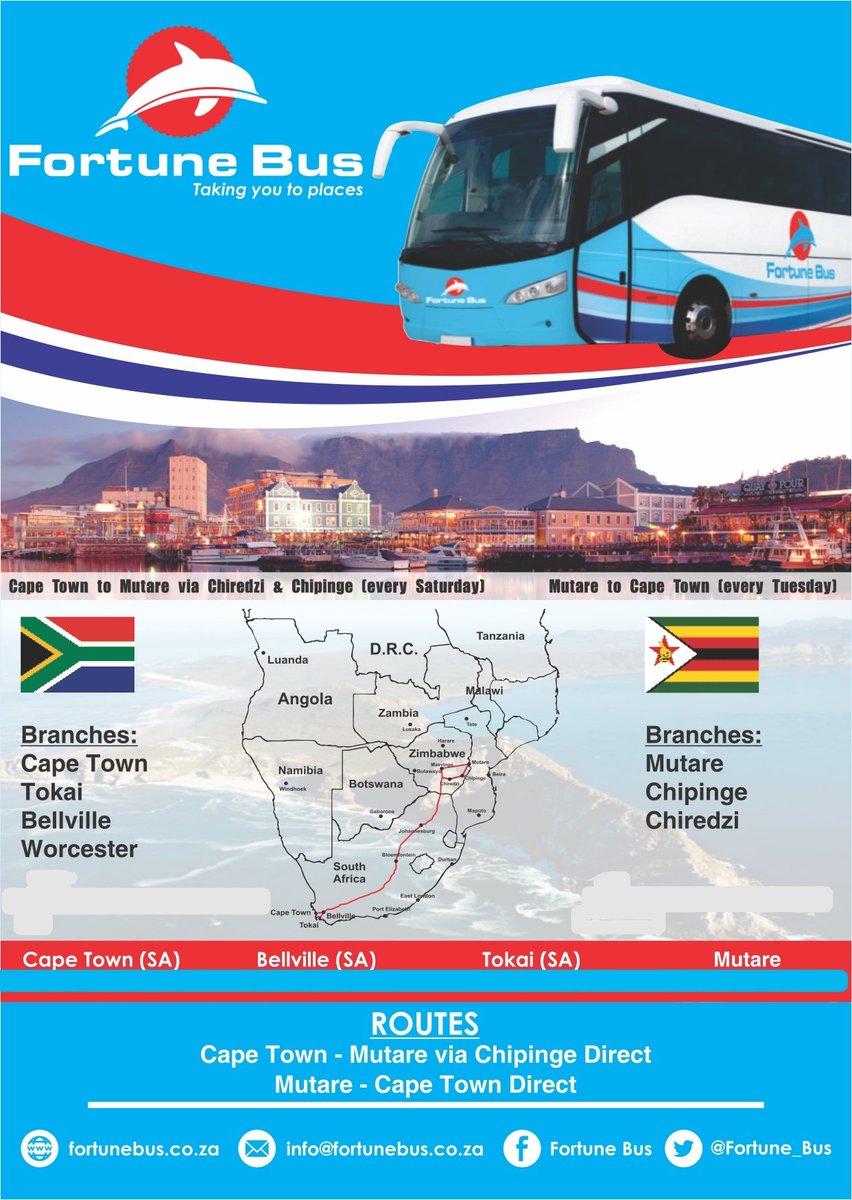 Fortune_Bus's tweet photo. Cape Town - Mutare weekly service (Saturdays)
Mutare - Cape Town weekly service (Tuesdays)
Weekly bus service from Cape Town to Mutare via Chiredzi, Chipinge.

Cape Town Office 068 264 2637
Bellville Office 068 263 6210
Mutare Office +263 788 104 578 https://t.co/bgWuYHuoWH