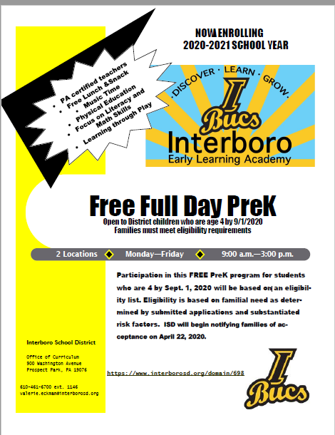 ISD_Curriculum's tweet photo. ISD is now accepting registrations for the District’s FREE FULL DAY PREK for the 20-21 school year. District residents with children who will be 4 by Sept. 1, 2020 (who meet eligibility requirements) register today! https://t.co/BRet5anhL7 @Interboro_SD @Hurray4PreK https://t.co/UwcmgYf4di