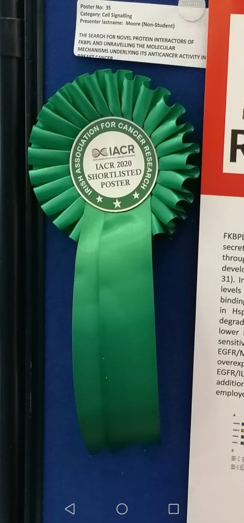 TracyRobsonMCT's tweet photo. Well done to my brilliant and talented postdoc Gill Moore @GillMoore_MCT for being shortlisted with a green rosette 🏵@News_IACR @RCSIPharmBioMol @RCSI_Irl @RCSI_Research https://t.co/KtMluxVHJ8