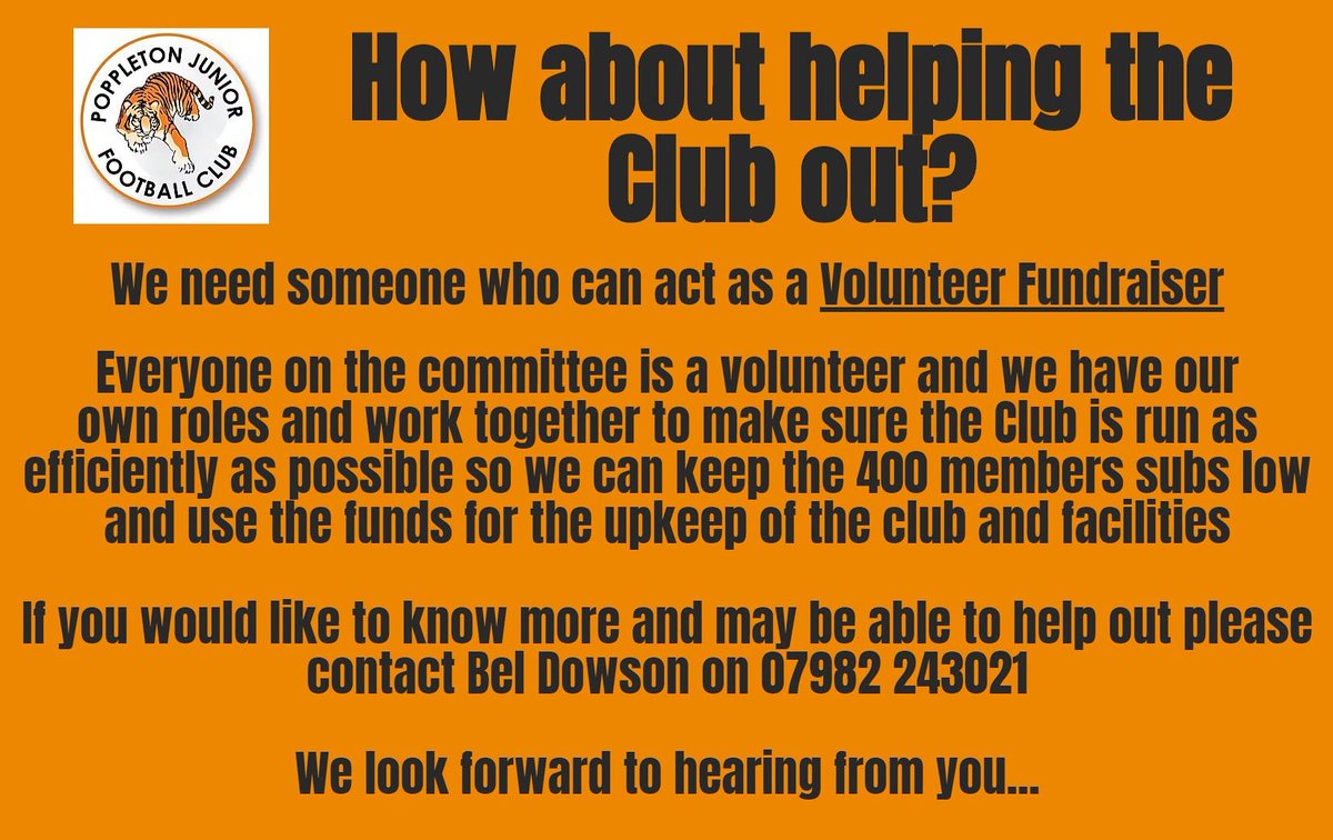 The Club needs someone who would be able to:
Apply for Grants and Sponsorships
Co-ordinate Fundraising Events
Selling of lottery style draws and raffles
Support the promotion of fund raising activities
If you would like to know more please contact Bel Dowson on 07982 243021