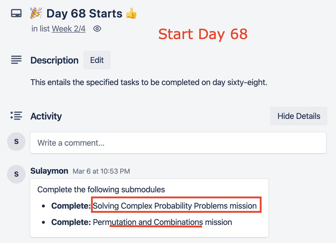 tjtechi's tweet photo. 1/: π₯ Day 68 of #90DaysOfDataquest:
π Today, we will study Solving Complex Probability Problems mission and Permutation and Combinations mission. Why not join the moving data science Train ππ.
π Check out the Trello daily learning plan from https://t.co/QEDNThpqKL
#data https://t.co/tKuuakJ6U6