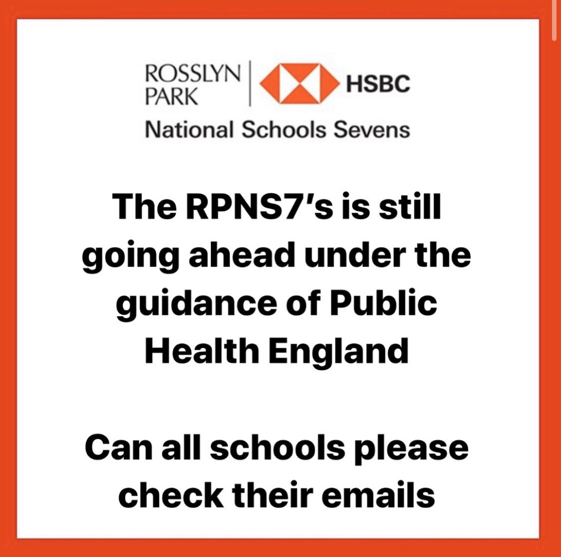 The Rosslyn Park HSBC National Schools 7s is following advice from government and Public Health England (PHE) and currently there is no recommendation for the cancellation or postponement of events in the UK. Hence, the tournament is currently going ahead.