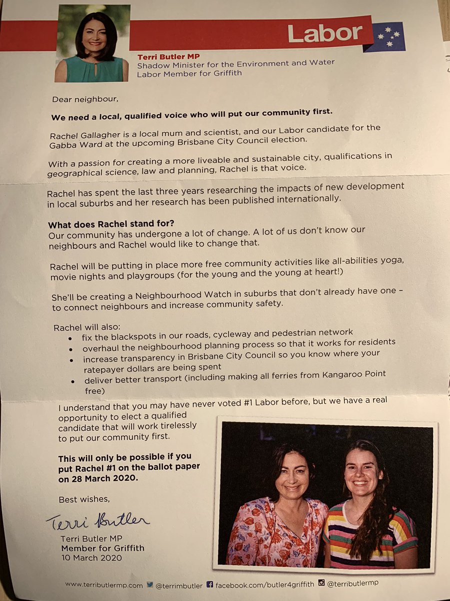 My local member, <a href="/AustralianLabor/">Australian Labor</a>’s <a href="/terrimbutler/">Terri Butler</a>, is using our tax money to promote Labor’s Gabba Ward <a href="/brisbanecityqld/">Brisbane City</a> candidate <a href="/rachel_gall_/">Rachel Gallagher</a>. This is an inappropriate use of public money. Labor should pay for its own campaigning, not the taxpayer. #auspol #qldpol