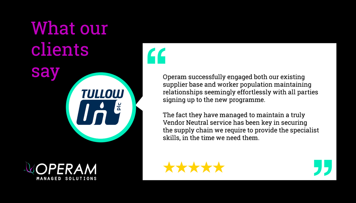 First_Rec's tweet photo. Great to hear @TullowOilplc providing such positive feedback for @OperamMS (a part of @First_Rec group). 

If you’re looking for a reliable, committed Vendor Neutral  provider to help streamline your #recruitment, get in touch:  https://t.co/BK6pfXeCoM

#ManagedService #MSP https://t.co/kd7vV72S2n