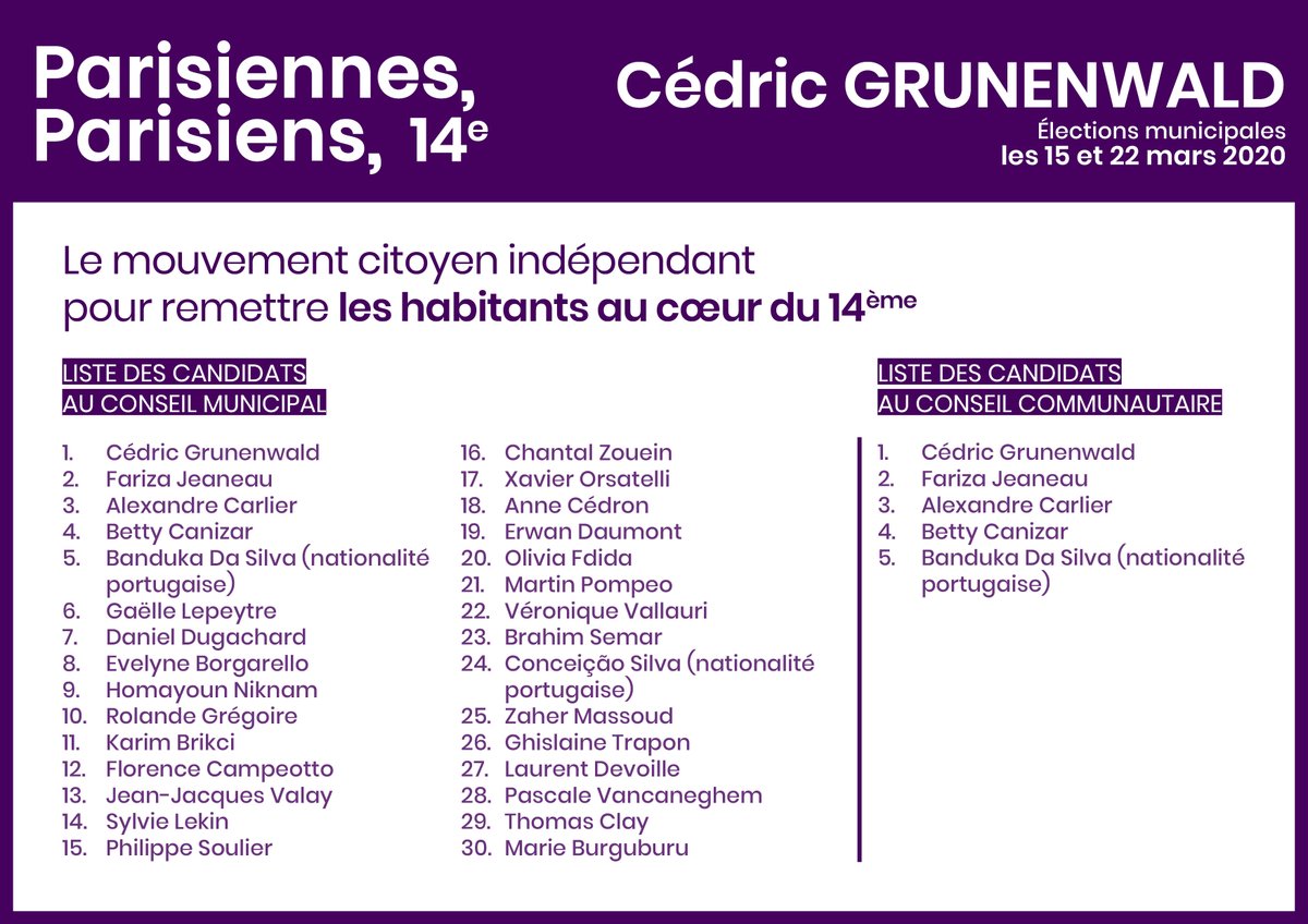 Parisien_nes14's tweet photo. #Municipales2020 | Dimanche 15 mars, votez une liste citoyenne pour remettre les habitants au coeur de #Paris14 ! 💜

👉 Notre programme : https://t.co/2bez8q7Hgj
👉 Notre bulletin de vote : https://t.co/RvQvrceJo3 
👉 Notre profession de foi : https://t.co/eYcRjqTnnN https://t.co/2mbxYk7U2s