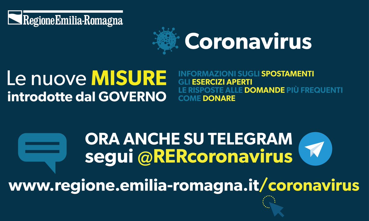 RegioneER's tweet image. #CORONAVIRUS: tutti gli aggiornamenti sulle MISURE in vigore, indicazioni per le IMPRESE, risposte alle DOMANDE più frequenti, NUMERI UTILI online su regione.emilia-romagna.it/coronavirus
‼️ da oggi anche SU TELEGRAM: segui il CANALE RERcoronavirus 
#Covid_19 #COVID2019 #COVIDー19
