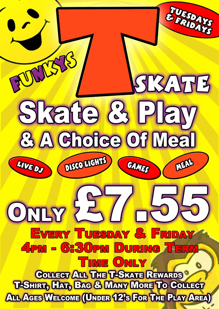 FunkysNorwich's tweet photo. Join Us This Afternoon 4pm-6:30pm For Our T-Skate Deal. Skate, Play &amp; A Meal Only £7.55 Per Person! 
Every Friday After School (Term Time Only)! https://t.co/ao04Zkt6DB