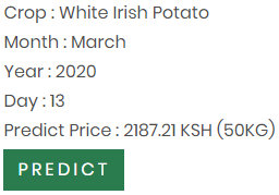 Farmula_'s tweet photo. As the week winds down, prices of 50kg extended Shangi 🥔 in NRB 🇰🇪 is dropping

- Market price: Ksh 2700
- Farmula predicted price: Ksh 2187.21 
- Percentage error: 18.91%

You can test our predictor here https://t.co/OUqs4rEg3b

#Farmula #Nairobi #Agritech https://t.co/c239SKJoxL