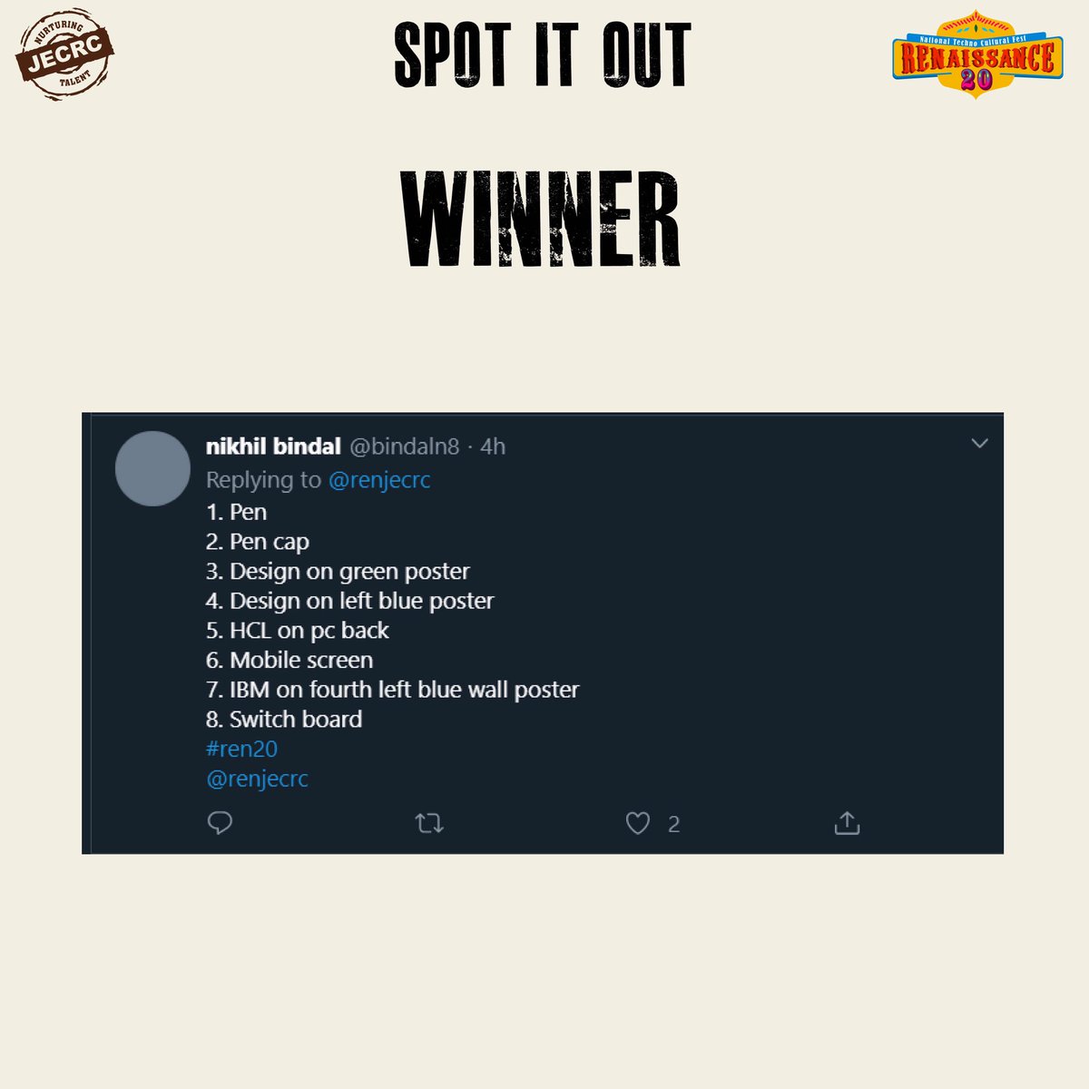 renjecrc's tweet photo. Congratulations to the winner of social media contest SPOT IT OUT  
@bindaln8 
Stay tuned for the next post at 04:00 PM.
Mention your answers in comment section and win exciting prizes!
#ren20 https://t.co/WdFlXKhte2