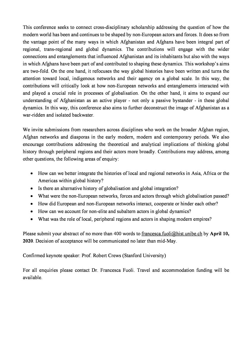 histunibern's tweet image. Call for Papers - International conference

"Global Afghanistan: how non-European networks shaped the modern world"

University of Bern, Switzerland, 10-12 September 2020

Deadline: April 10, 2020