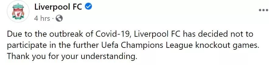 TrollFootball's tweet photo. Liverpool statement #COVID19 https://t.co/8H1Q10khIg