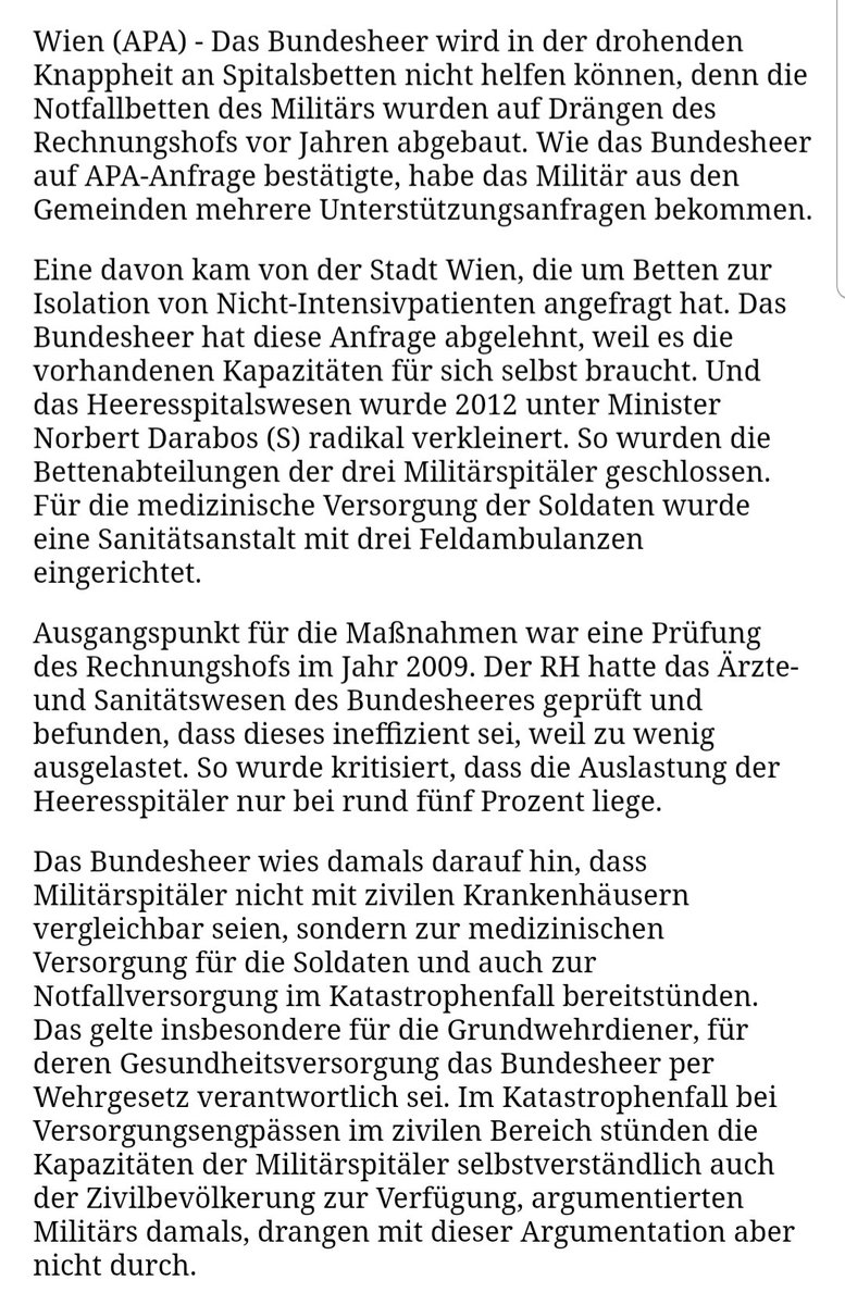 Vielleicht hätte man doch auf uns hören sollen: "Das #Bundesheer wird in der drohenden Knappheit an Spitalsbetten nicht helfen können, denn die Notfallbetten des Militärs wurden auf Drängen des Rechnungshof vor Jahren abgebaut."