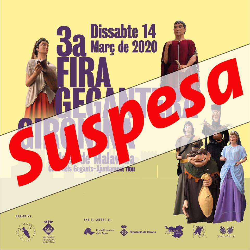 Malauradament la 3a Fira Gegantera Gironina s’ha suspès. Tot sigui pel bé de tots! Esperem que els companys i companyes de @GegantsCaldesM puguin trobar una altra data. Molts d’ànims! #gegantscaldesdemalavella #CaldesdeMalavella