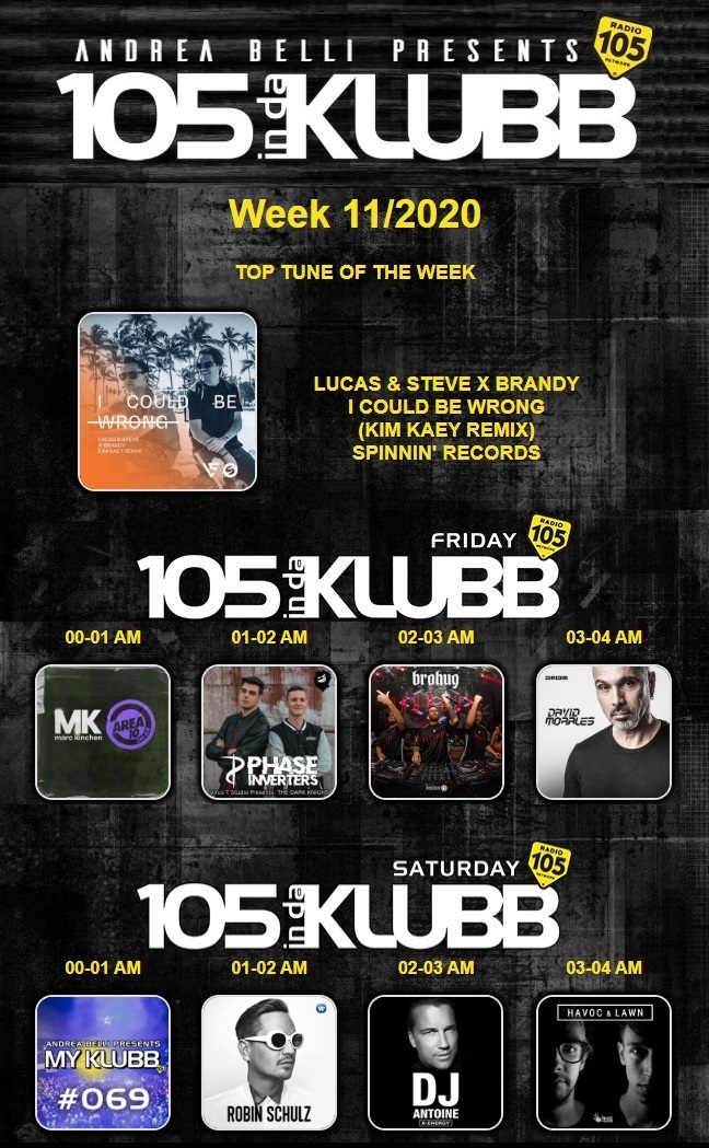 105indaklubb's tweet photo. LINE UP WEEK 11/2020

#TOPTUNE OF THE WEEK
@lucasandsteve x Brandy
I Could Be Wrong
(@kimkaey Rmx)
@SpinninRecords

LINE UP DJs
@MarcKinchen 
@phaseinverters
@wearebrohug
@DJDavidMorales
@andreabellidj
@robin_schulz
@Djantoine 
@HavocandLawn

#WEAREINDAKLUBB 
#MYKLUBB 
@Radio105 https://t.co/IG9jF2M2X5