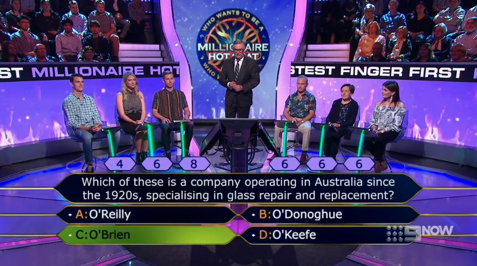 obrienaustralia's tweet photo. Friday Fun! Great to be on @9HotSeat_ this week. What’s even better is that they ALL got it right! We’ve been Australia’s favourite glass repair and replacement experts since the 1920’s. #OOOOBRIEN #9MillionaireHotSeat https://t.co/hGfA4Twnsn