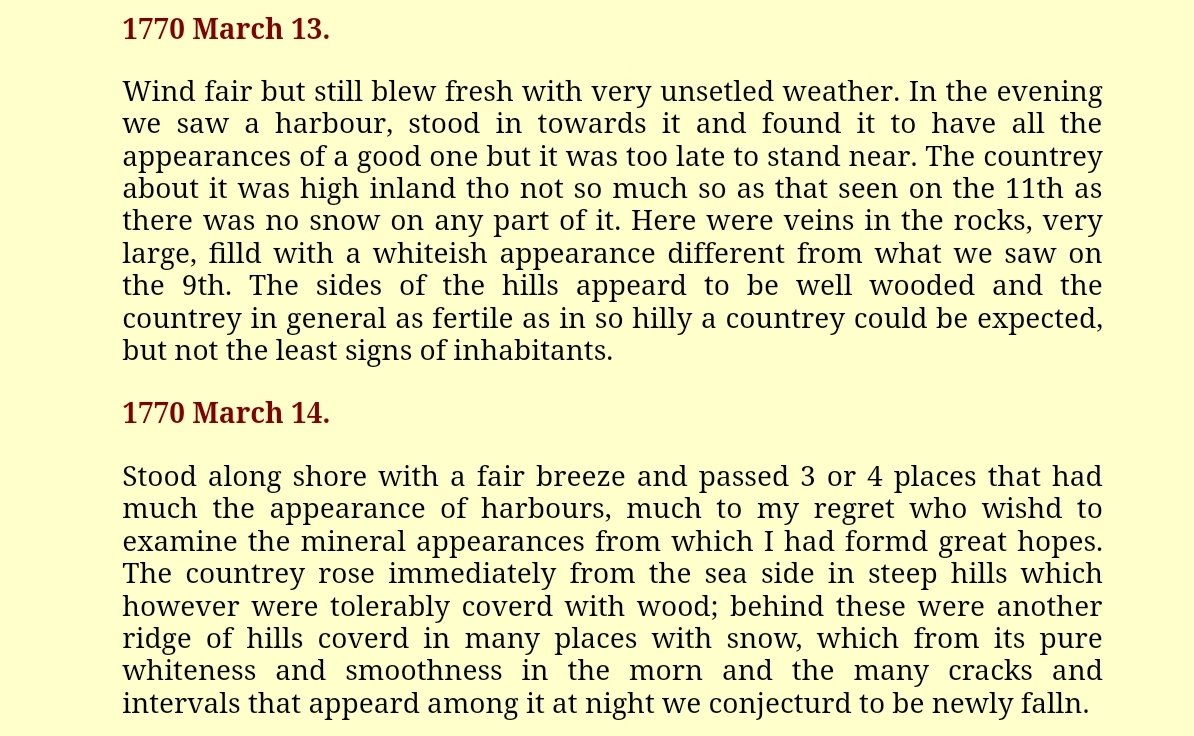  #Banks250 is about to be pissed off that Cook won't sail into any of the fjords. Seems they have a little tiff about it. Cook later explained that while he could easily sail in ahead of the prevailing westerly, he might have to wait a month for an easterly to get out again.