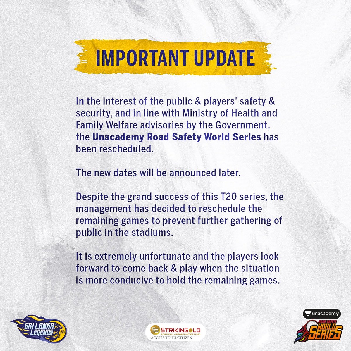 Unfortunately, the entertainment and action is postponed indefinitely because of Covid-19. We will soon be back with renewed energy and commitment.

#YehJungHaiLegendary #TheRoadToSafety #SriLankaLegends #UnacademyRSWS <a href="/RSWorldSeries/">Road Safety World Series</a> <a href="/unacademy/">Unacademy</a> <a href="/ICICILombard/">ICICI Lombard GIC</a>