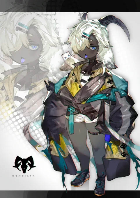 #フォロワーさんの好きな要素を詰め込んだ創作キャラクターを描く
【角・褐色・むちむち・4頭身・肩にオコジョ・モフモフの耳・黒肌・いじわるそうなやつ】 