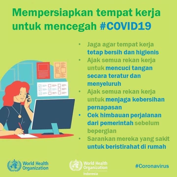 2.) COVID-19 dinyatakan pandemi oleh WHO. Nmn, WHO jg tlh mengeluarkan panduan utk pncegahan COVID-19 di tmpt kerja kita. Mari simak panduan brkut.
#INACRAFT2020 #INACRAFT22nd
#TheBeautyinDiversities
#TheLightofAceh
#CahayaAceh
#PesonaINACRAFTAceh2020
#AcehHalalTourism
#AcehHebat
