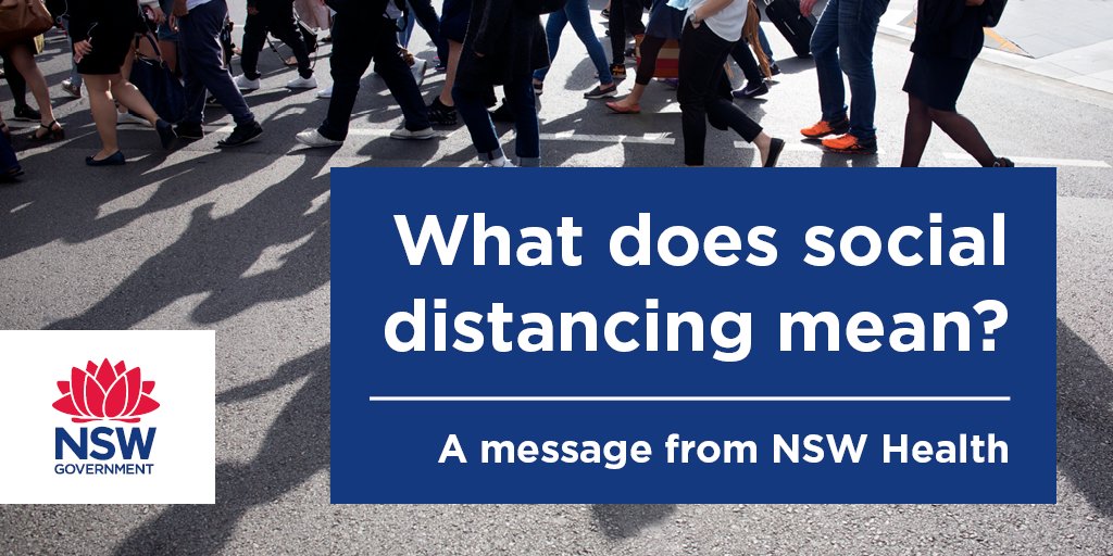 Social distancing reduces the risk of catching viruses like #COVID19. You can still work &amp; use public transport but you should avoid crowds, stay 1.5 metres away from others, avoid shaking hands, hugging &amp; kissing &amp; avoid visiting vulnerable people. health.nsw.gov.au/Infectious/ale…