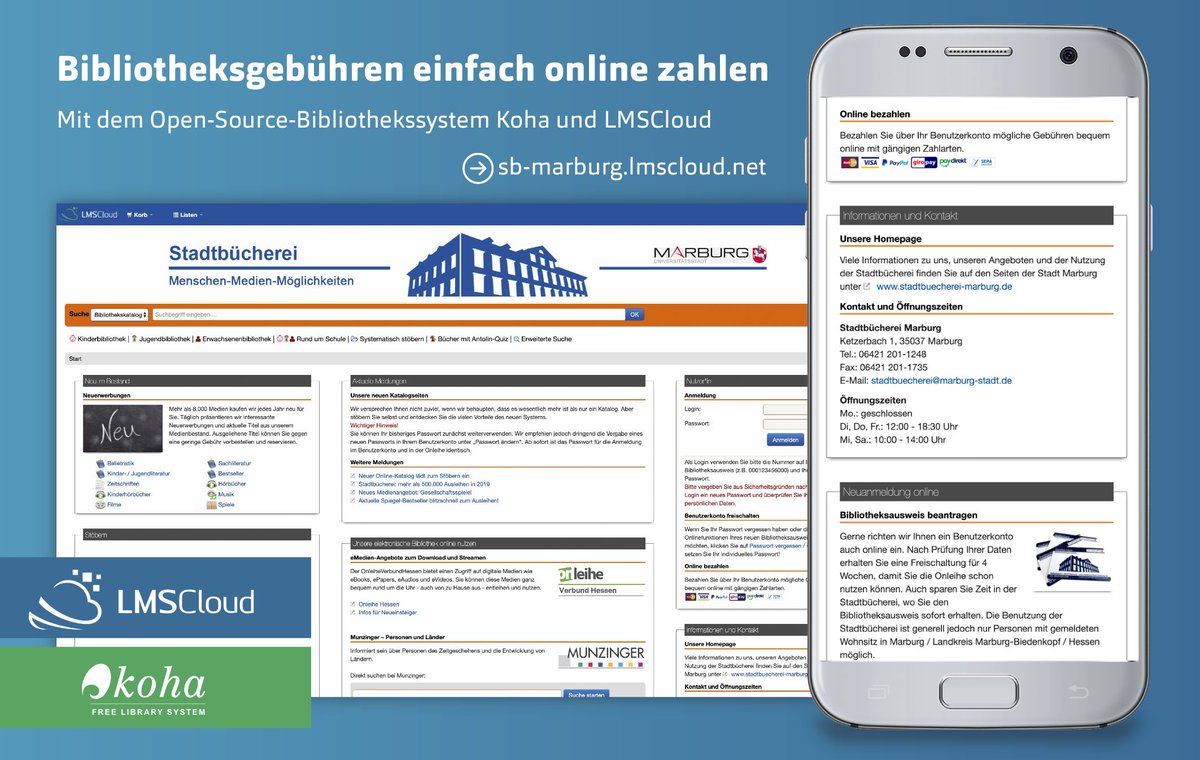 ekz_GmbH's tweet photo. Bibliotheksgebühren online bezahlen – bei der Stadtbücherei Marburg jetzt mit Paypal, Girocard, Sofortüberweisung oder Kreditkarte. Möglich macht’s #epay21, integriert in das Open-Source-Bibliothekssystems #Koha. Ein Service von #LMSCloud! Infos: https://t.co/GkZuv5JJkx #ePayment https://t.co/jhDu94KDcx