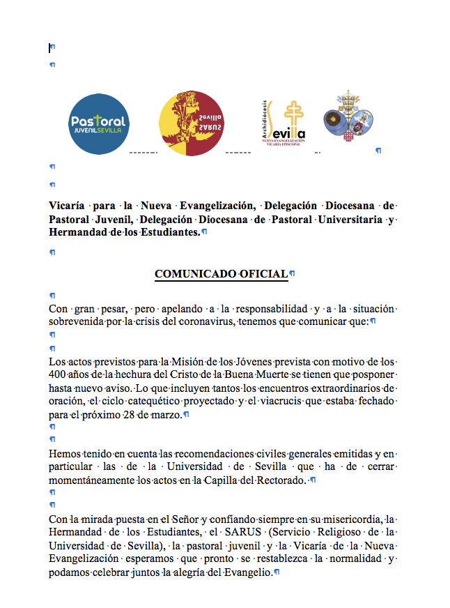 Estudiantes_Sev's tweet photo. Los actos programados para la 'Misión de los Jóvenes' prevista con motivo del #CuartoCentenario de la hechura del Cristo de la #BuenaMuerte se tienen que posponer hasta nuevo aviso. https://t.co/07xiGjqkZi